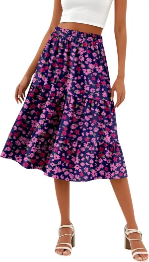 Summer Midi Skirts for Women Floral Beach Flowy Boho Skirt Tiered Pleated Swing A Line Elastic High Waisted Skirt