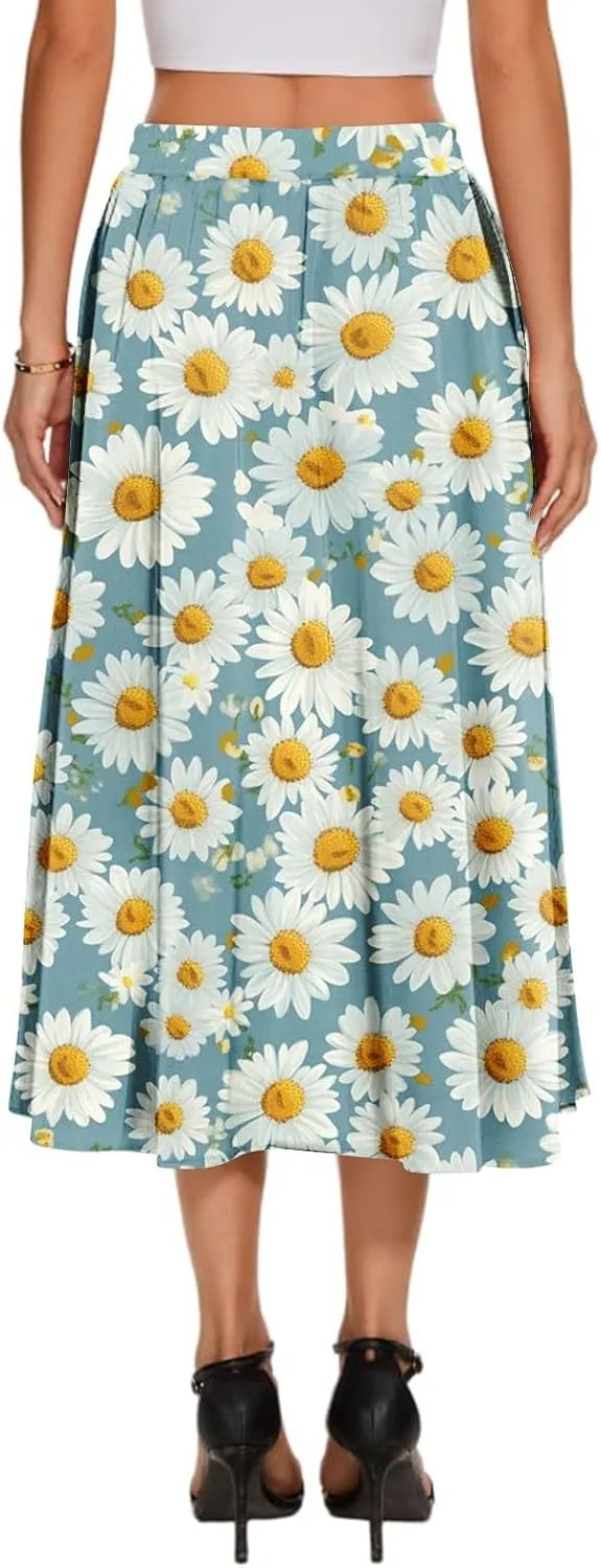 Summer Skirt for Women 2025 Elastic Waist Drawstring Floral Pattern A-Line Skirts with Pockets Elegant Skirt