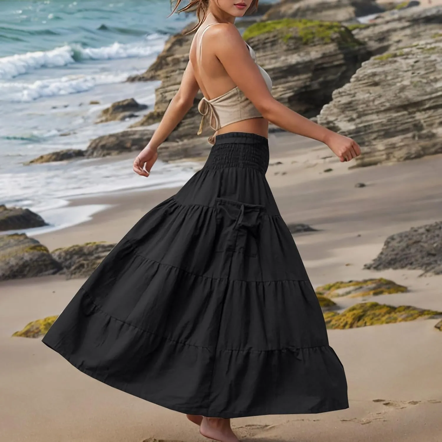 Summer Skirts for Women Cotton Beach Vacation Tiered Maxi Skirt Elastic High Waist Flowy Pleated Ruffle A Line Skirt