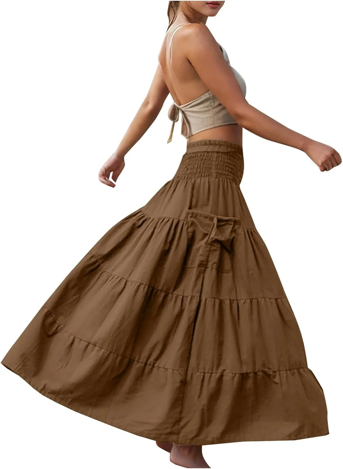 Summer Skirts for Women Cotton Beach Vacation Tiered Maxi Skirt Elastic High Waist Flowy Pleated Ruffle A Line Skirt