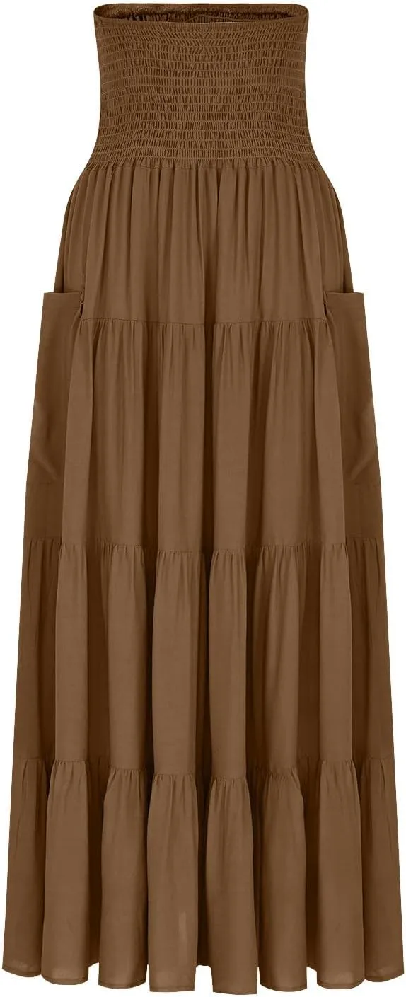 Summer Skirts for Women Cotton Beach Vacation Tiered Maxi Skirt Elastic High Waist Flowy Pleated Ruffle A Line Skirt