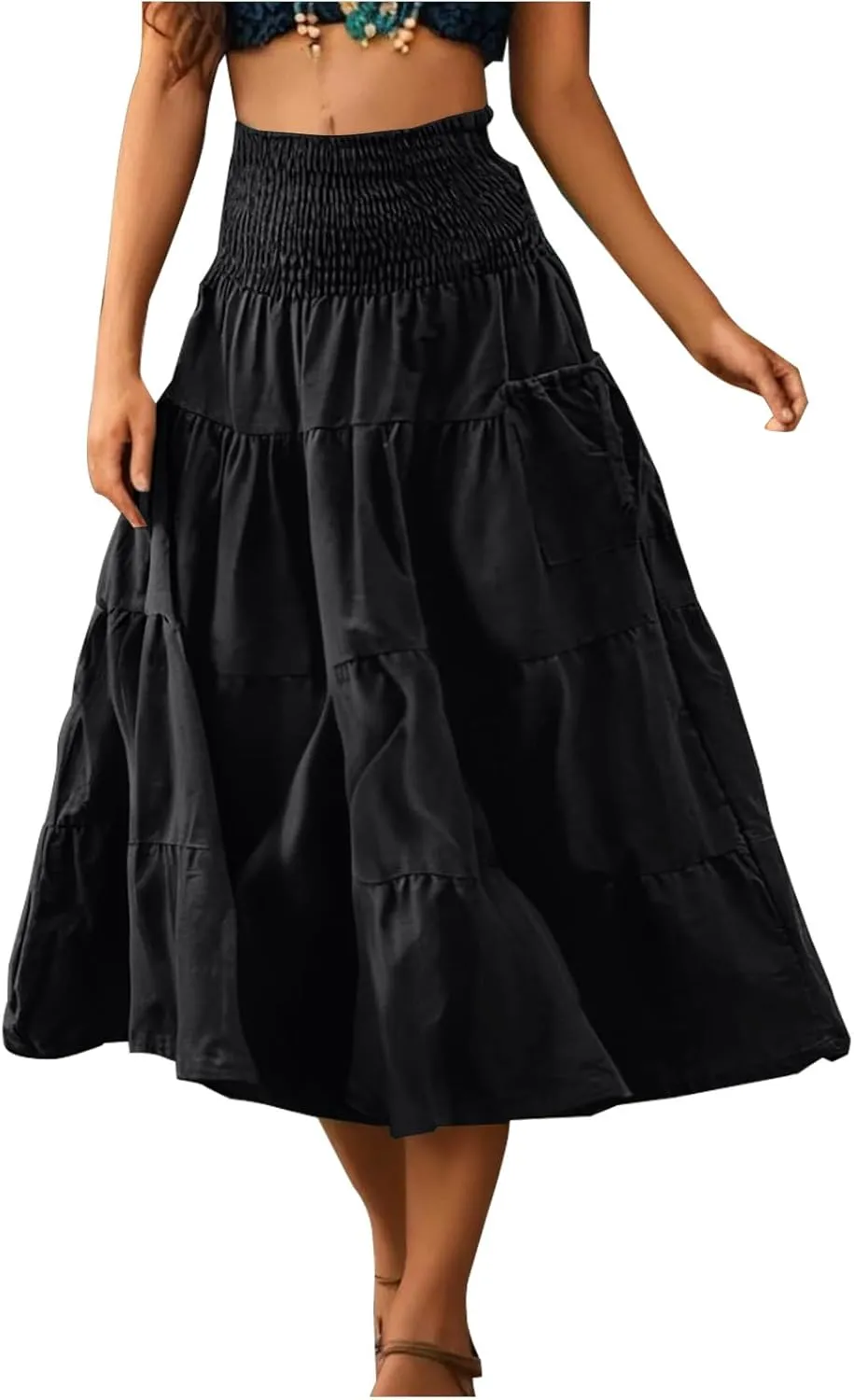 Summer Skirts for Women Cotton Beach Vacation Tiered Maxi Skirt Elastic High Waist Flowy Pleated Ruffle A Line Skirt