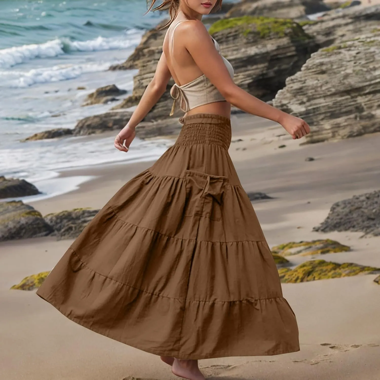 Summer Skirts for Women Cotton Beach Vacation Tiered Maxi Skirt Elastic High Waist Flowy Pleated Ruffle A Line Skirt