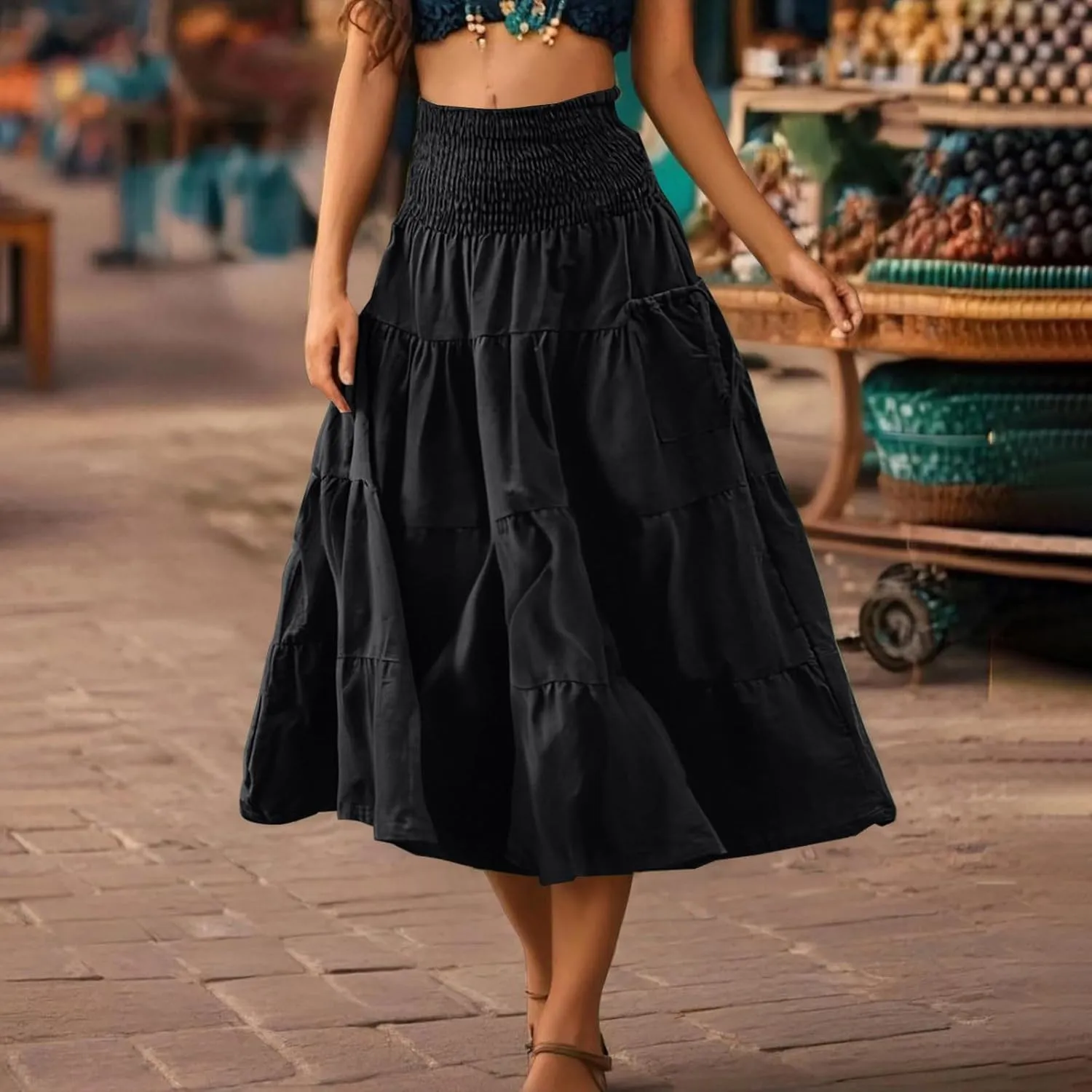 Summer Skirts for Women Cotton Beach Vacation Tiered Maxi Skirt Elastic High Waist Flowy Pleated Ruffle A Line Skirt