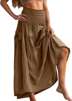 Summer Skirts for Women Cotton Beach Vacation Tiered Maxi Skirt Elastic High Waist Flowy Pleated Ruffle A Line Skirt