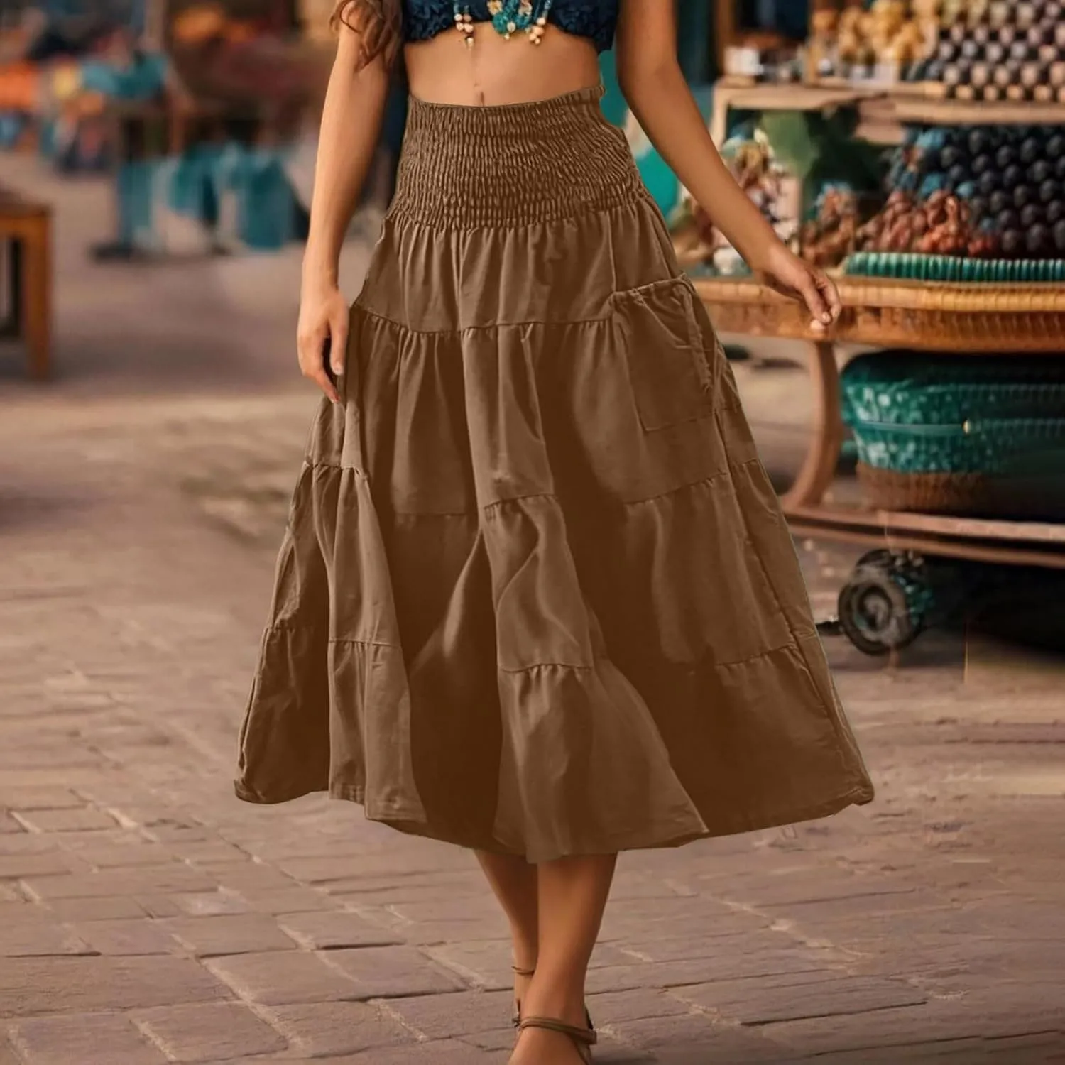 Summer Skirts for Women Cotton Beach Vacation Tiered Maxi Skirt Elastic High Waist Flowy Pleated Ruffle A Line Skirt