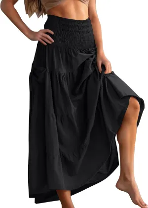 Summer Skirts for Women Cotton Beach Vacation Tiered Maxi Skirt Elastic High Waist Flowy Pleated Ruffle A Line Skirt