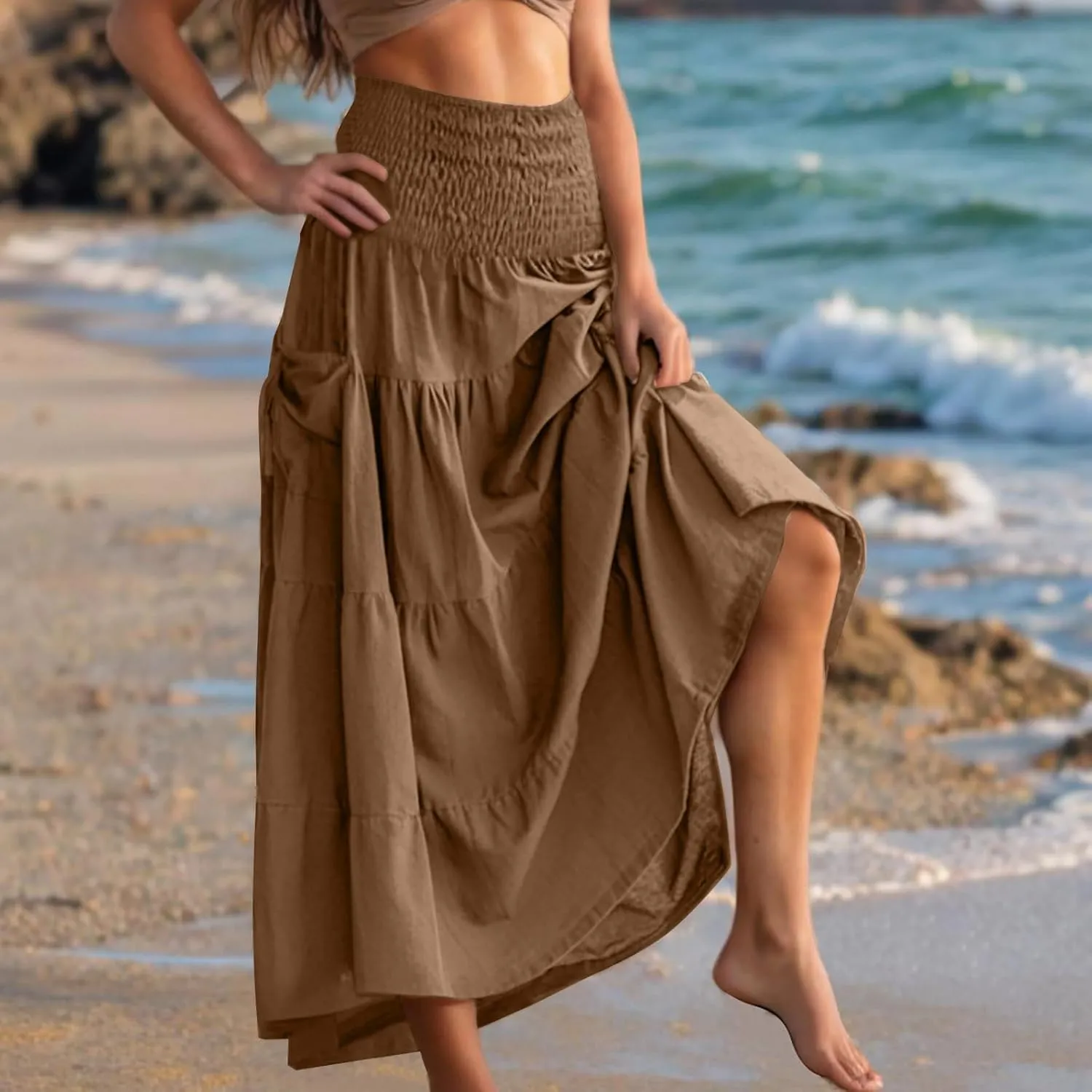 Summer Skirts for Women Cotton Beach Vacation Tiered Maxi Skirt Elastic High Waist Flowy Pleated Ruffle A Line Skirt