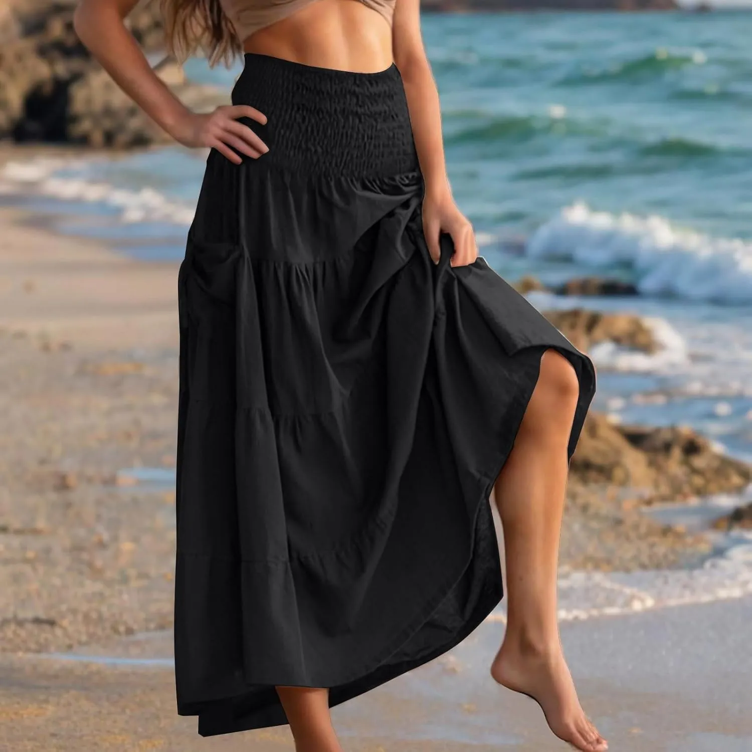 Summer Skirts for Women Cotton Beach Vacation Tiered Maxi Skirt Elastic High Waist Flowy Pleated Ruffle A Line Skirt
