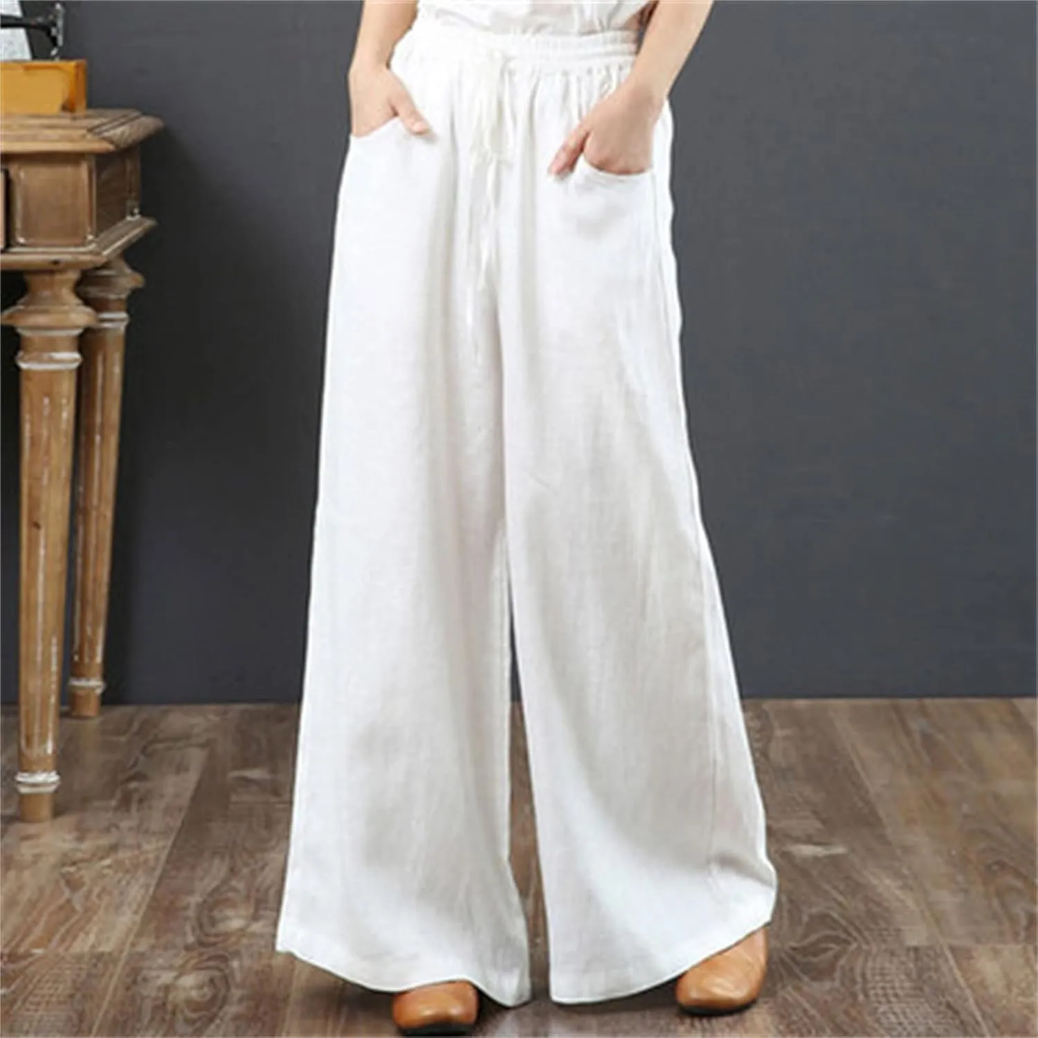 Summer Women's Casual Cotton Linen Baggy Pants with Elastic Waist Fashion Plus Size Relax Fit Lantern Trousers