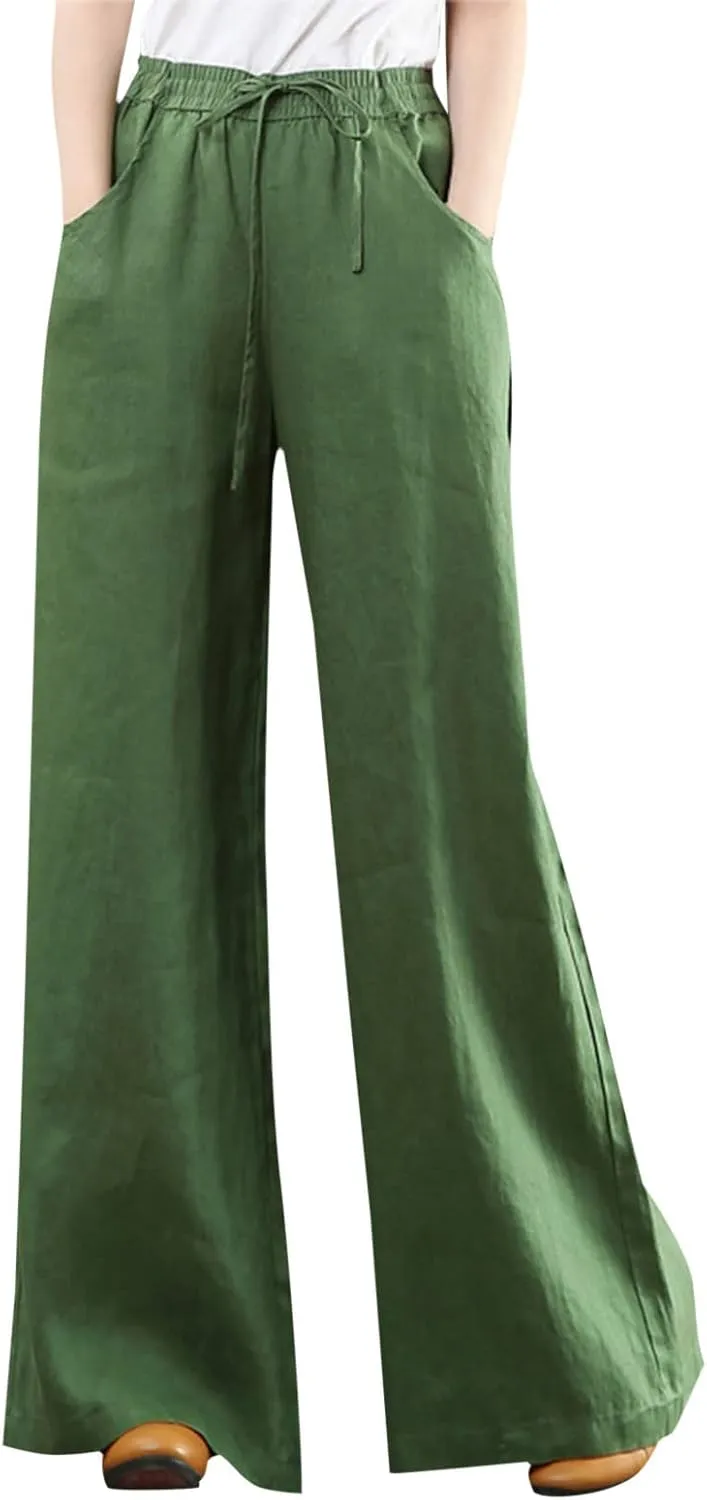 Summer Women's Casual Cotton Linen Baggy Pants with Elastic Waist Fashion Plus Size Relax Fit Lantern Trousers