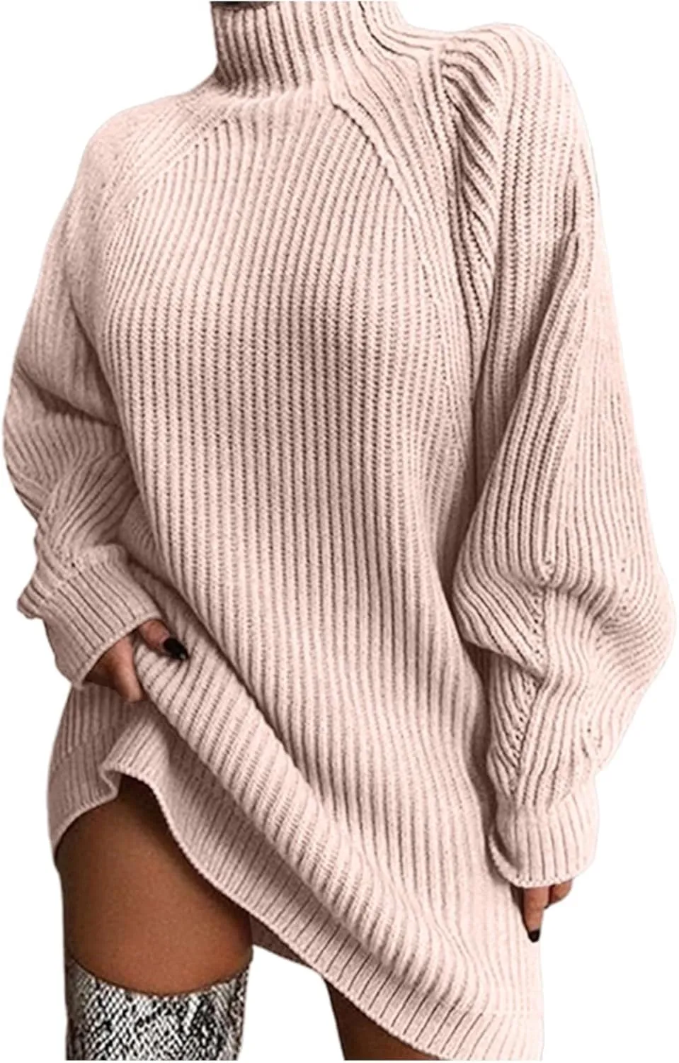 Sweater Dress for Women Turtleneck Oversized Lantern Sleeve Casual Loose Elasticity Chunky Cable Knit Pullover