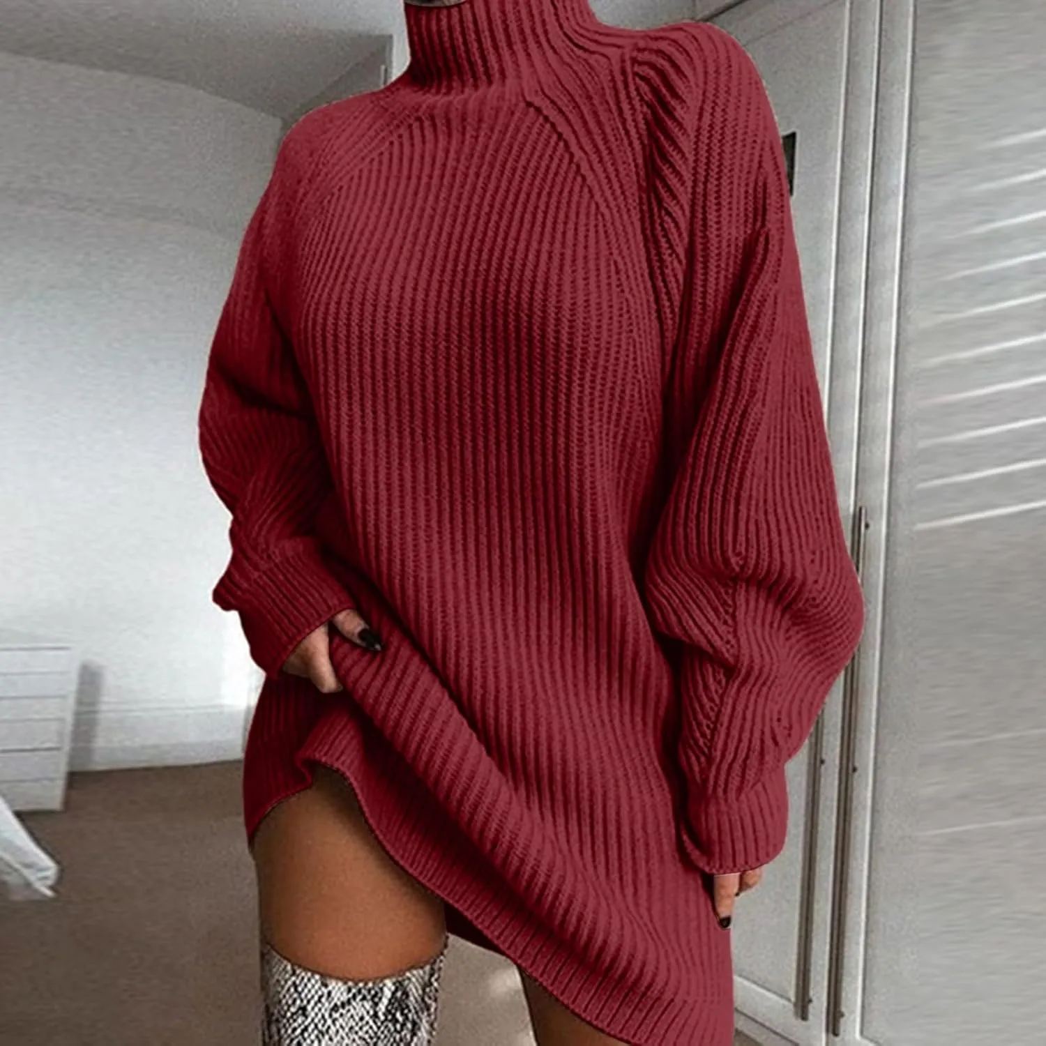 Sweater Dress for Women Turtleneck Oversized Lantern Sleeve Casual Loose Elasticity Chunky Cable Knit Pullover