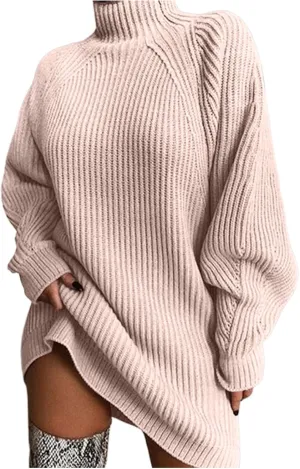 Sweater Dress for Women Turtleneck Oversized Lantern Sleeve Casual Loose Elasticity Chunky Cable Knit Pullover