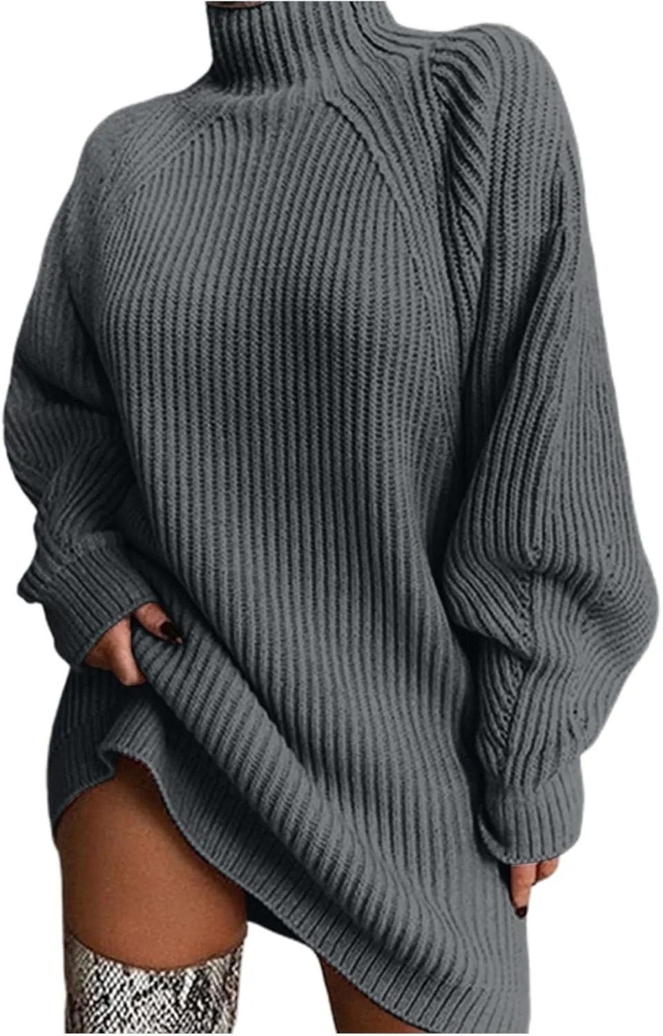 Sweater Dress for Women Turtleneck Oversized Lantern Sleeve Casual Loose Elasticity Chunky Cable Knit Pullover