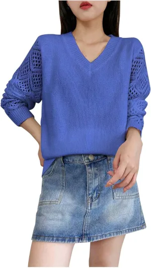 Sweater for Women Cable Knit Solid Color V Neck Long Sleeve Casual Soft Loose Fit Sweaters Tops