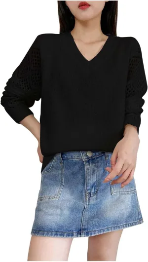 Sweater for Women Cable Knit Solid Color V Neck Long Sleeve Casual Soft Loose Fit Sweaters Tops