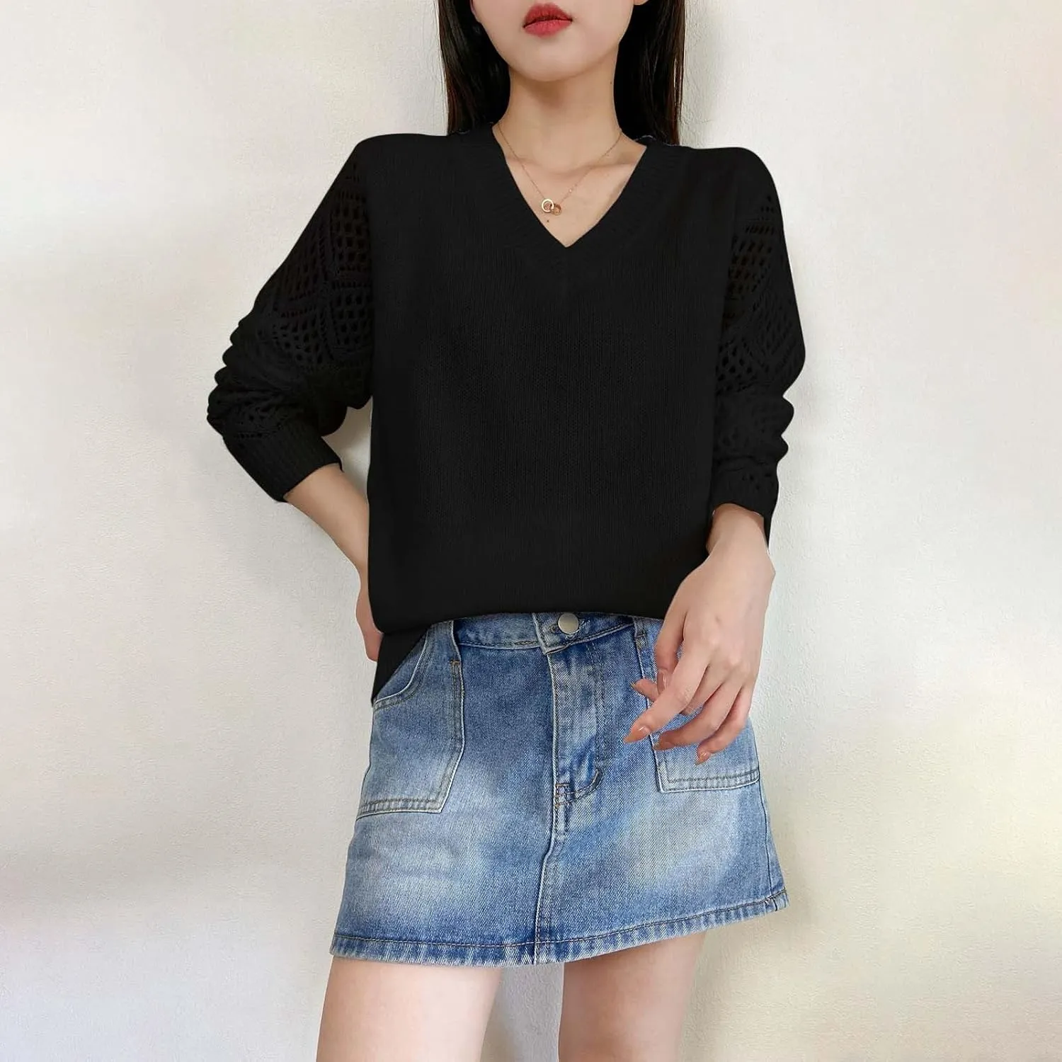 Sweater for Women Cable Knit Solid Color V Neck Long Sleeve Casual Soft Loose Fit Sweaters Tops