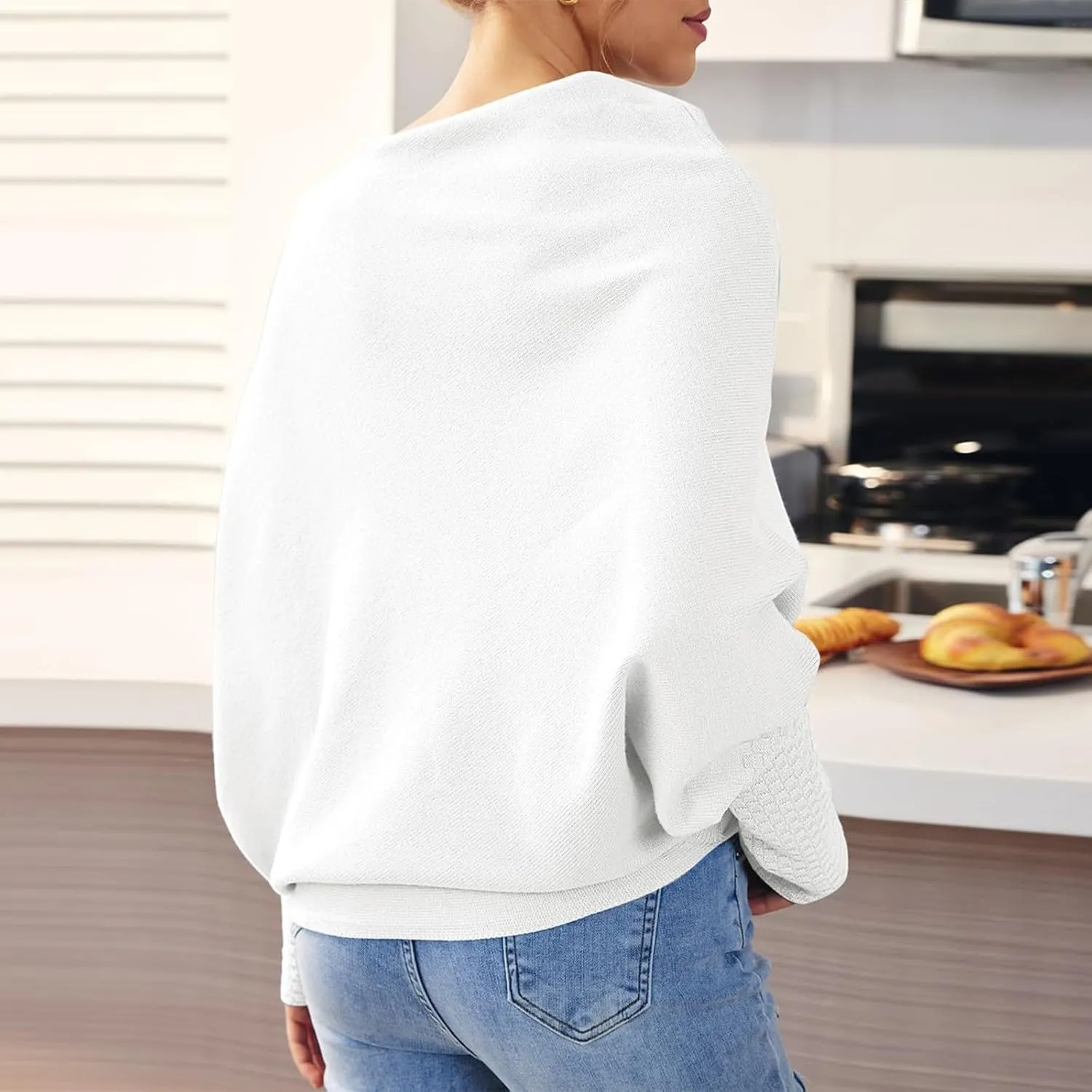 Sweaters for Women Cable Knit Solid Color Boat Neck Batwing Sleeve Loose Fit Casual Soft Pullover Tops