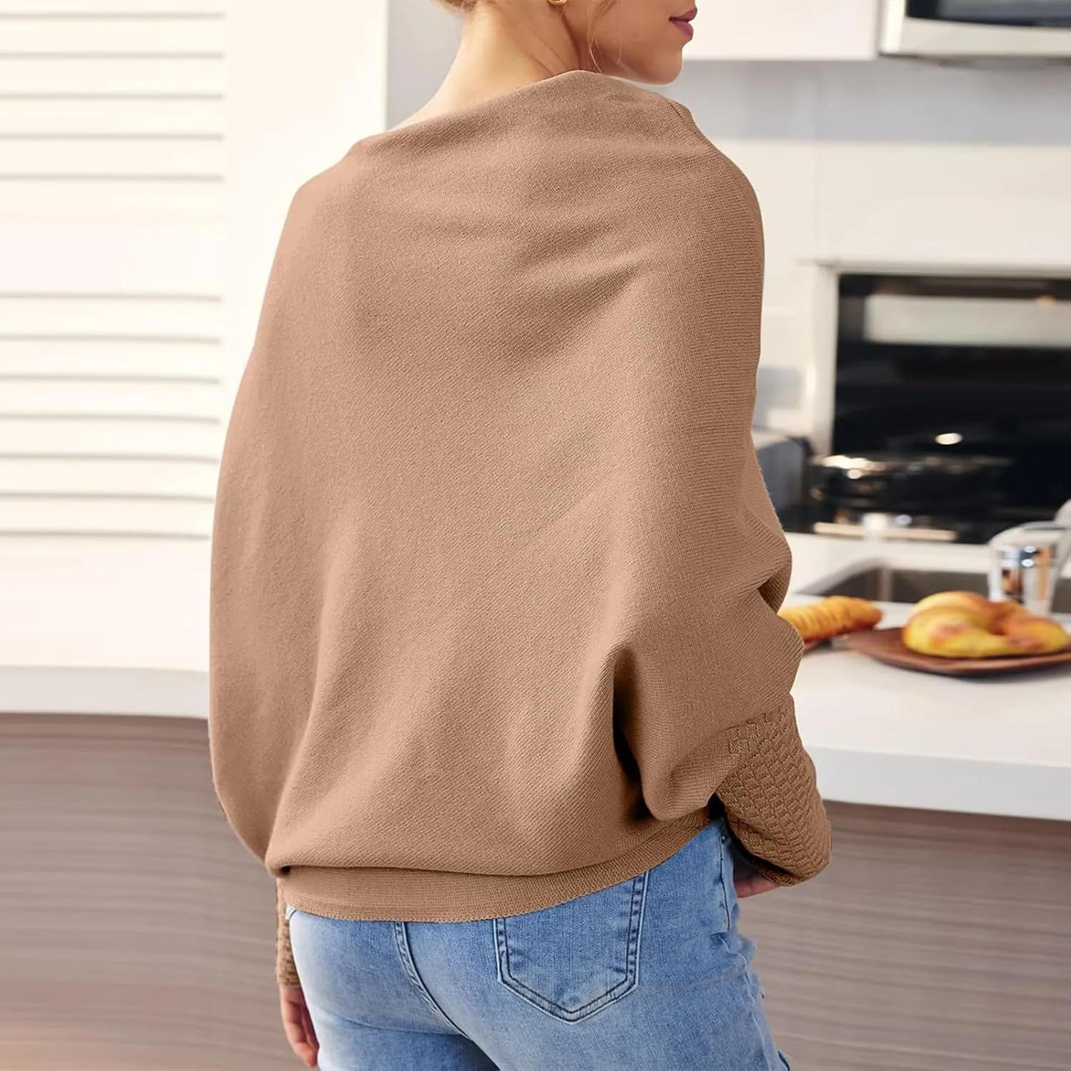 Sweaters for Women Cable Knit Solid Color Boat Neck Batwing Sleeve Loose Fit Casual Soft Pullover Tops