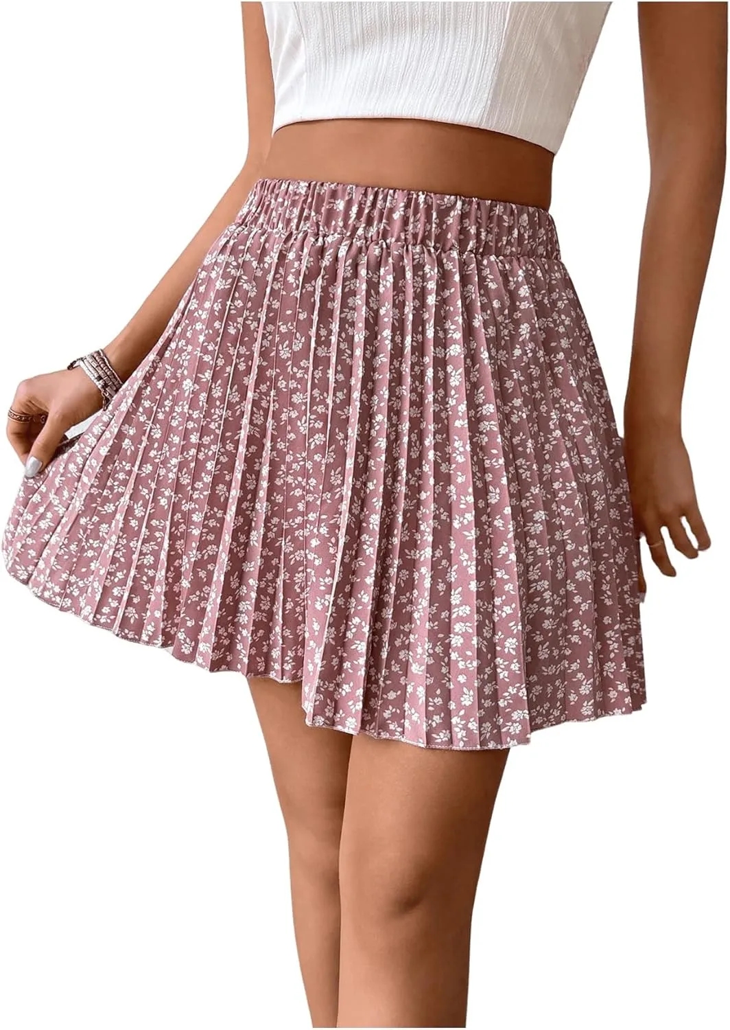 SweatyRocks Women's Elastic High Waist Pleated Skirt Ditsy Floral Print Flared Mini Skirts