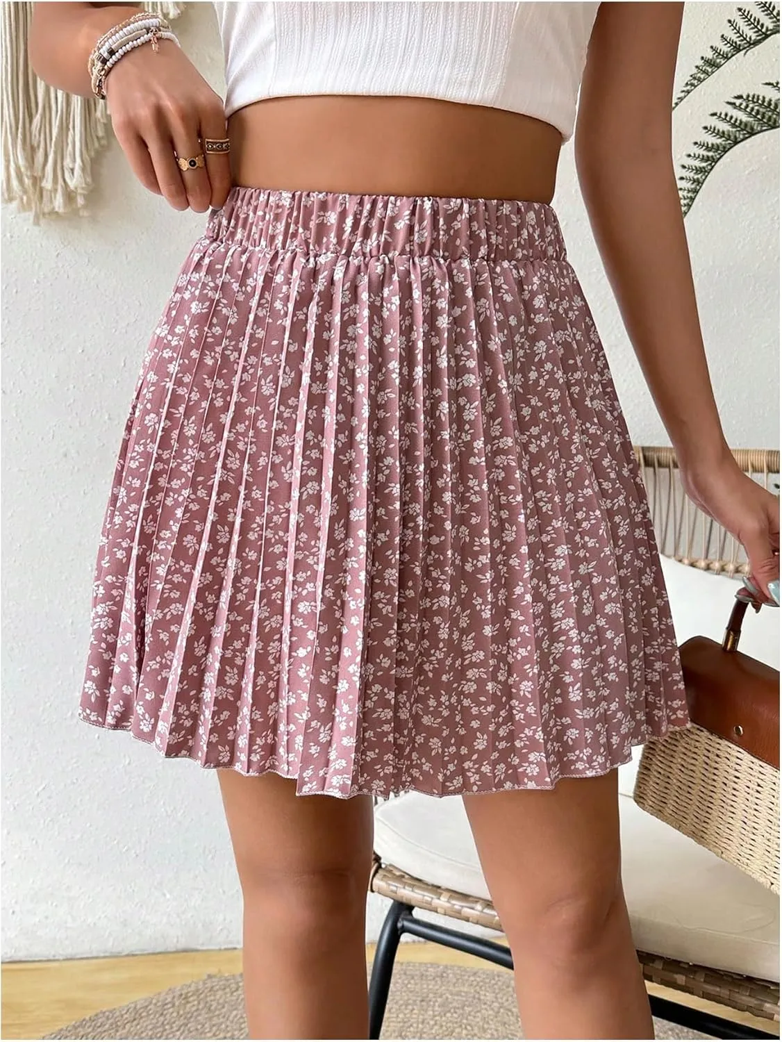 SweatyRocks Women's Elastic High Waist Pleated Skirt Ditsy Floral Print Flared Mini Skirts