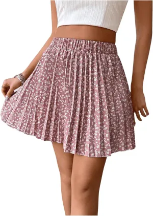 SweatyRocks Women's Elastic High Waist Pleated Skirt Ditsy Floral Print Flared Mini Skirts