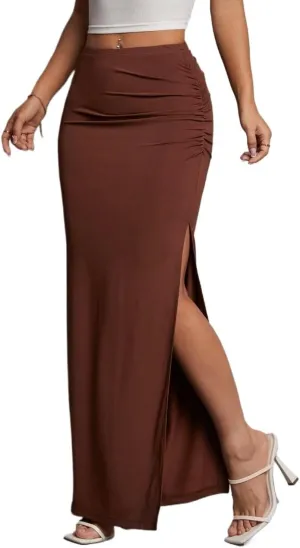 Trendy Beach Skirts Solid Ruched Slit Skirt