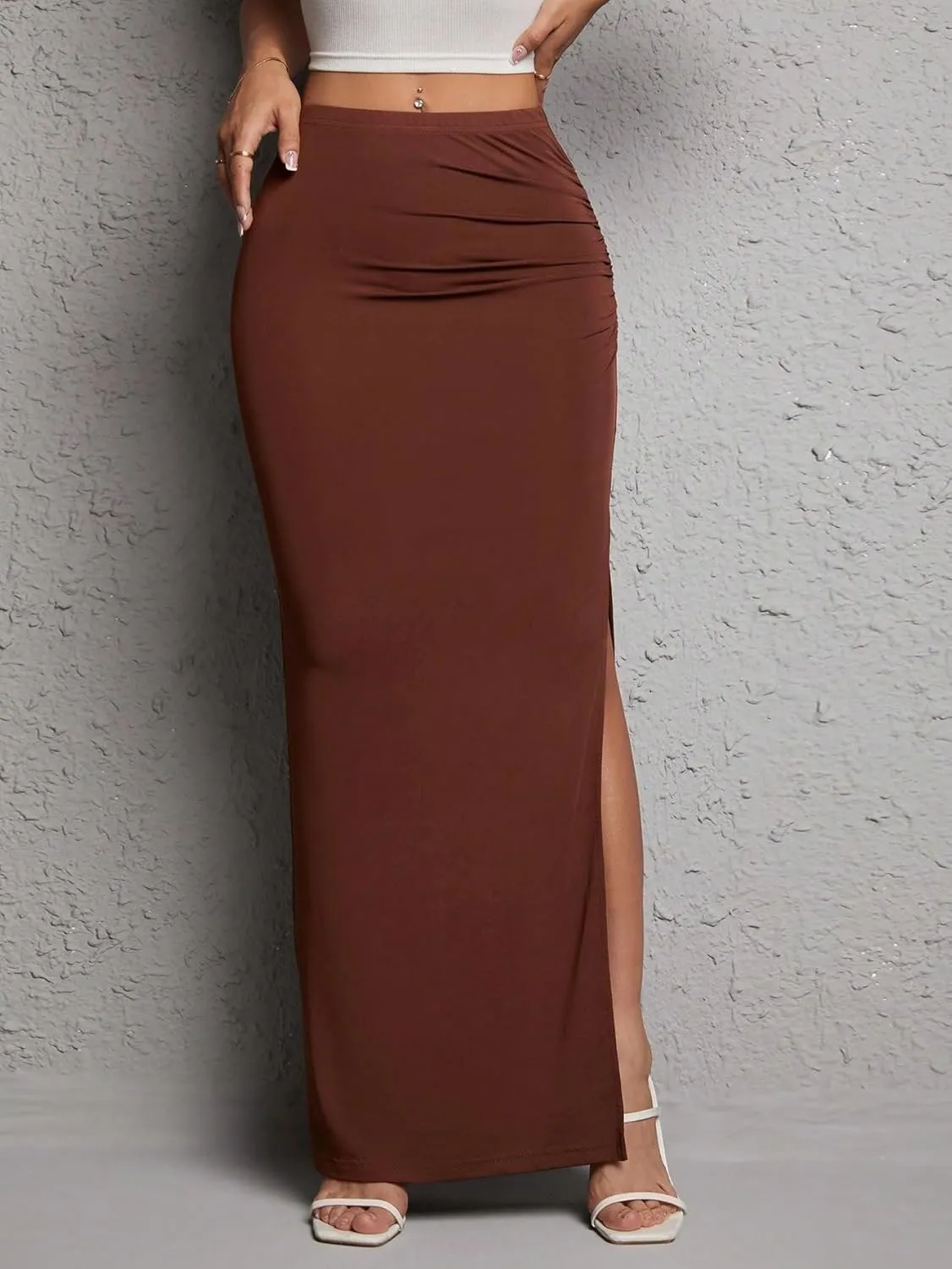 Trendy Beach Skirts Solid Ruched Slit Skirt