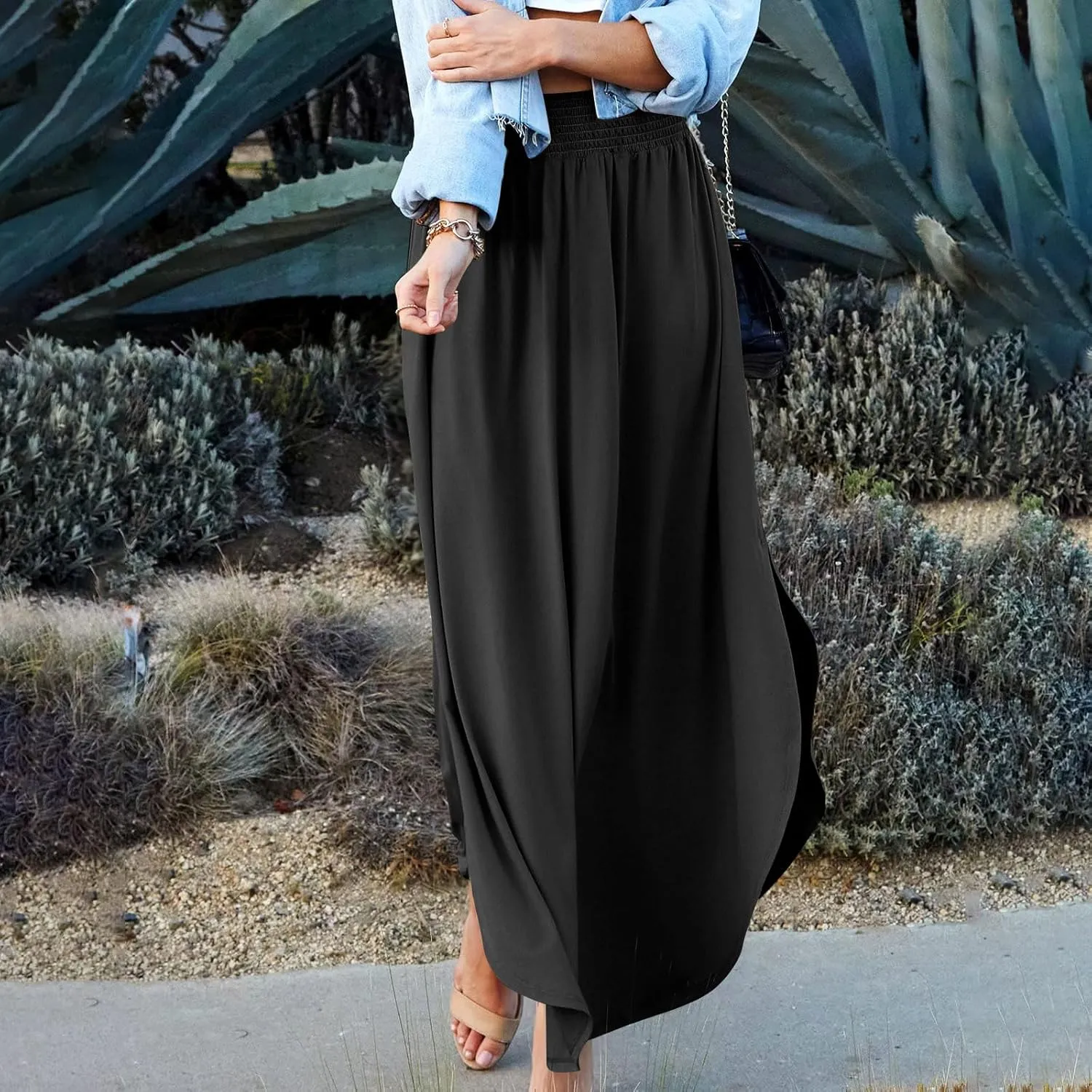 TWGONE Women's High Waist Flowy Maxi Skirt Slit A Line Beach Boho Flowy Maxi Skirt High Slit Beach Long Skirts