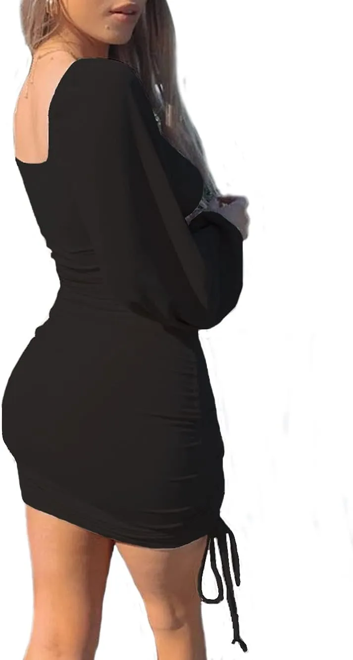 Umenlele Women's Lantern Long Sleeve Drawstring Ruched Ribbed Bodycon Mini Dress