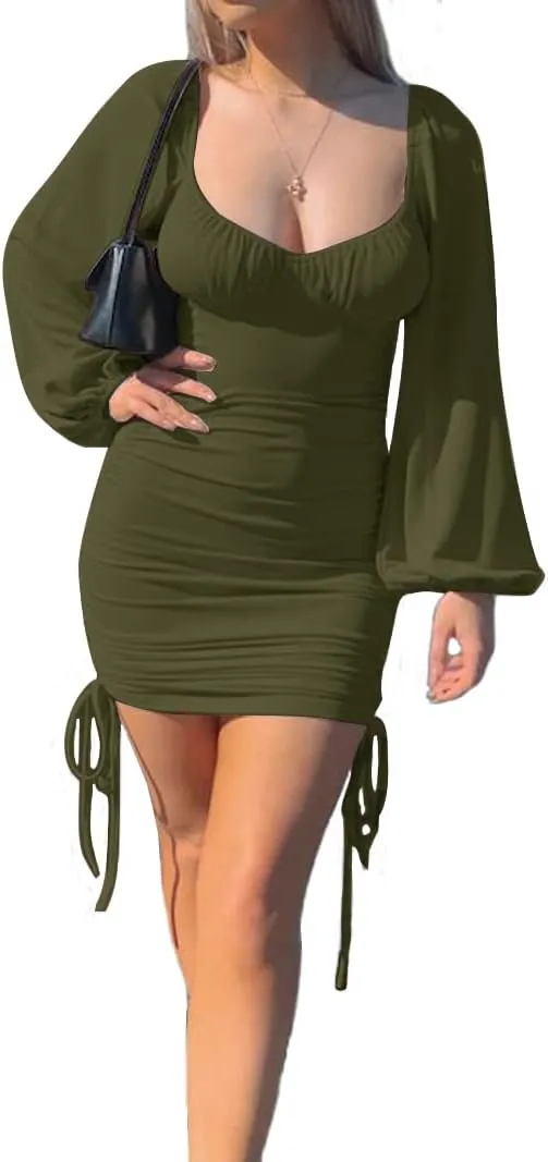 Umenlele Women's Lantern Long Sleeve Drawstring Ruched Ribbed Bodycon Mini Dress