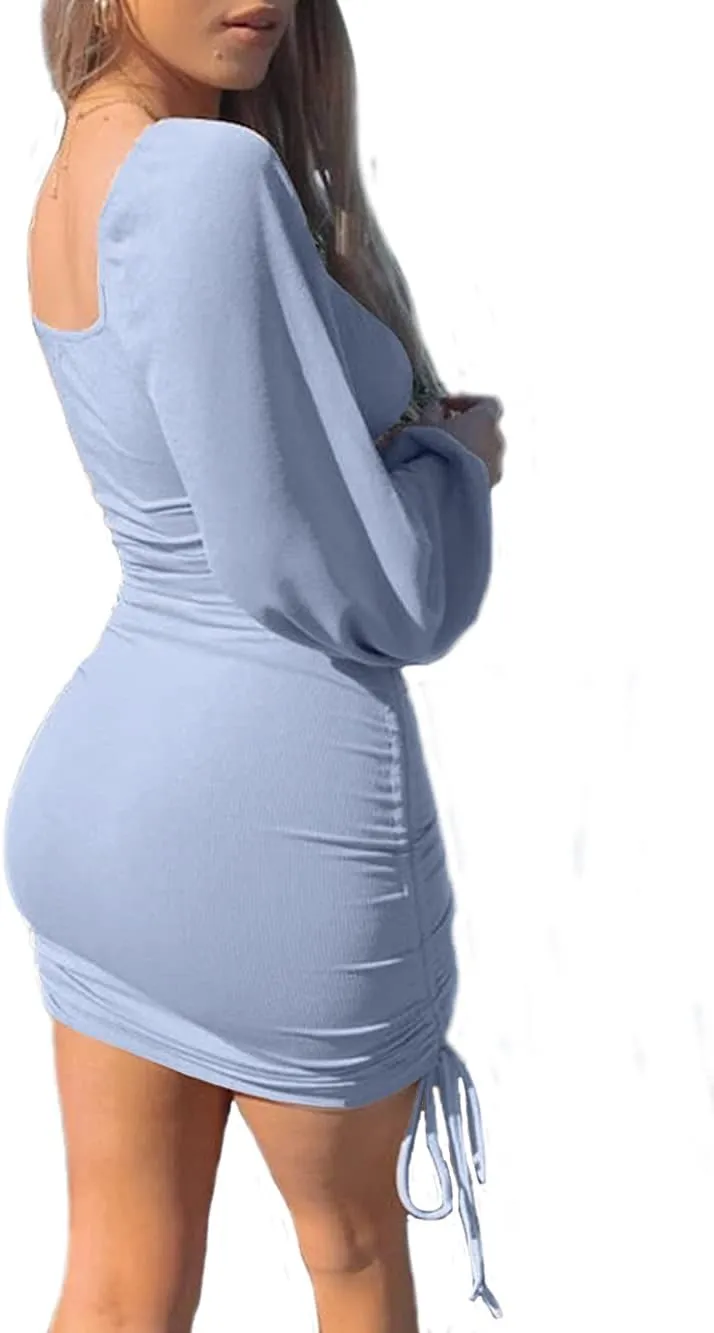 Umenlele Women's Lantern Long Sleeve Drawstring Ruched Ribbed Bodycon Mini Dress