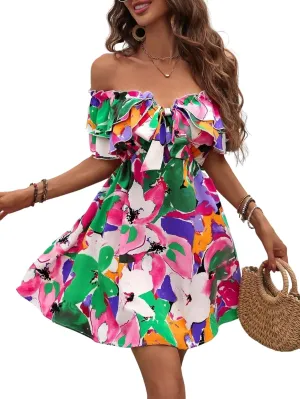 Urchics Summer Dress Vacation Style Tie-Dye Off Shoulder Ruffle Edge Dress with Tied Belt