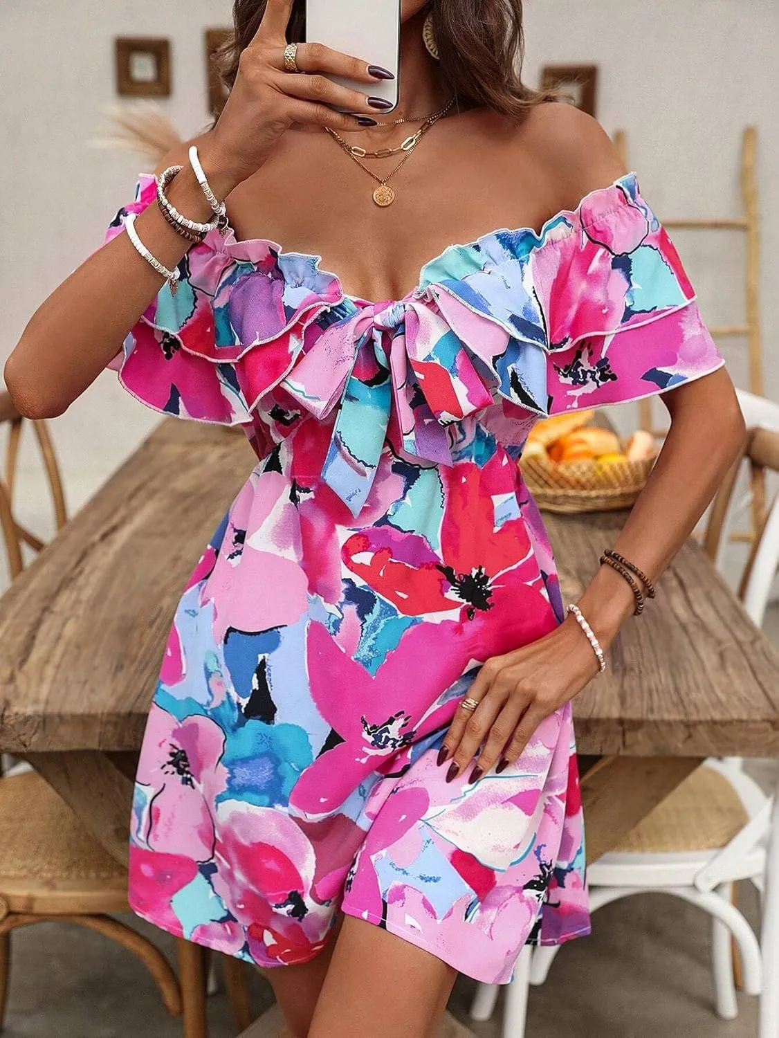 Urchics Summer Dress Vacation Style Tie-Dye Off Shoulder Ruffle Edge Dress with Tied Belt
