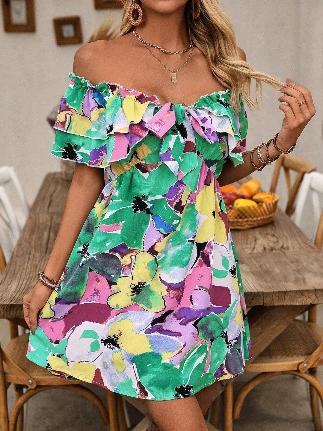 Urchics Summer Dress Vacation Style Tie-Dye Off Shoulder Ruffle Edge Dress with Tied Belt