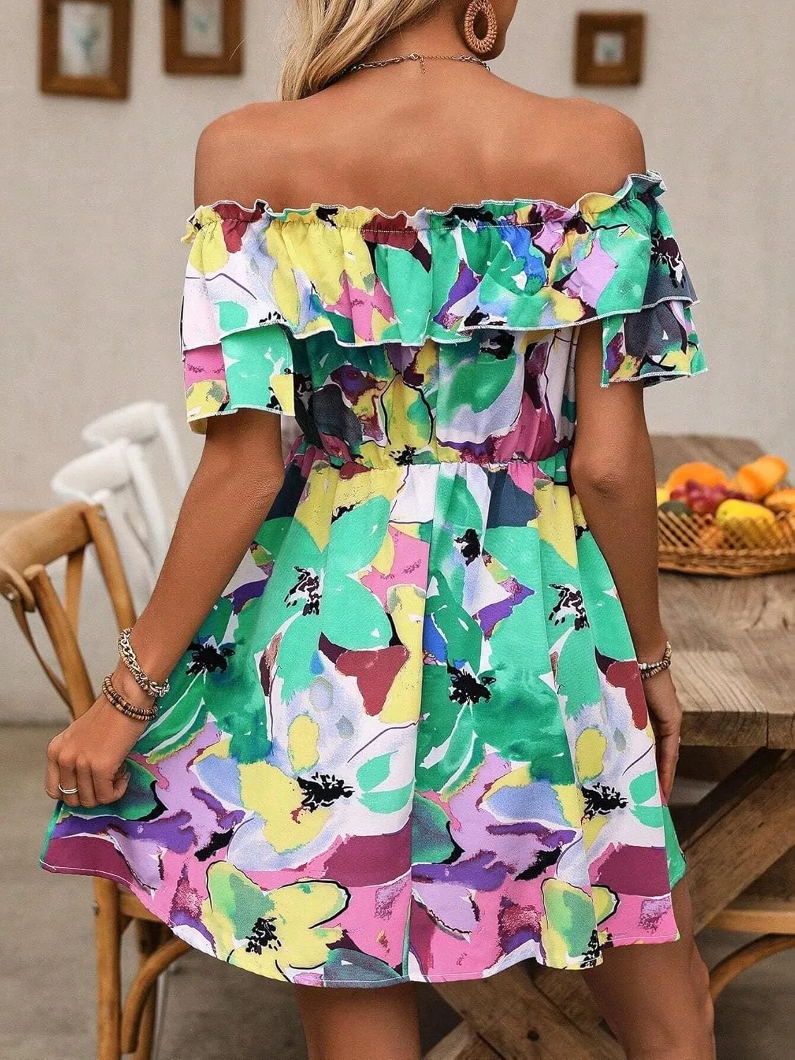 Urchics Summer Dress Vacation Style Tie-Dye Off Shoulder Ruffle Edge Dress with Tied Belt