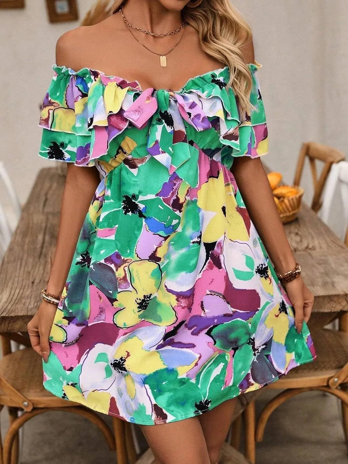 Urchics Summer Dress Vacation Style Tie-Dye Off Shoulder Ruffle Edge Dress with Tied Belt