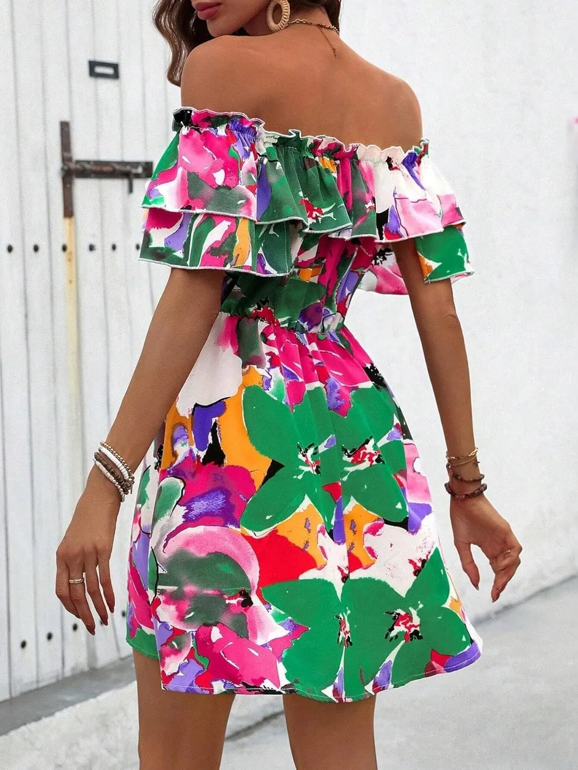 Urchics Summer Dress Vacation Style Tie-Dye Off Shoulder Ruffle Edge Dress with Tied Belt