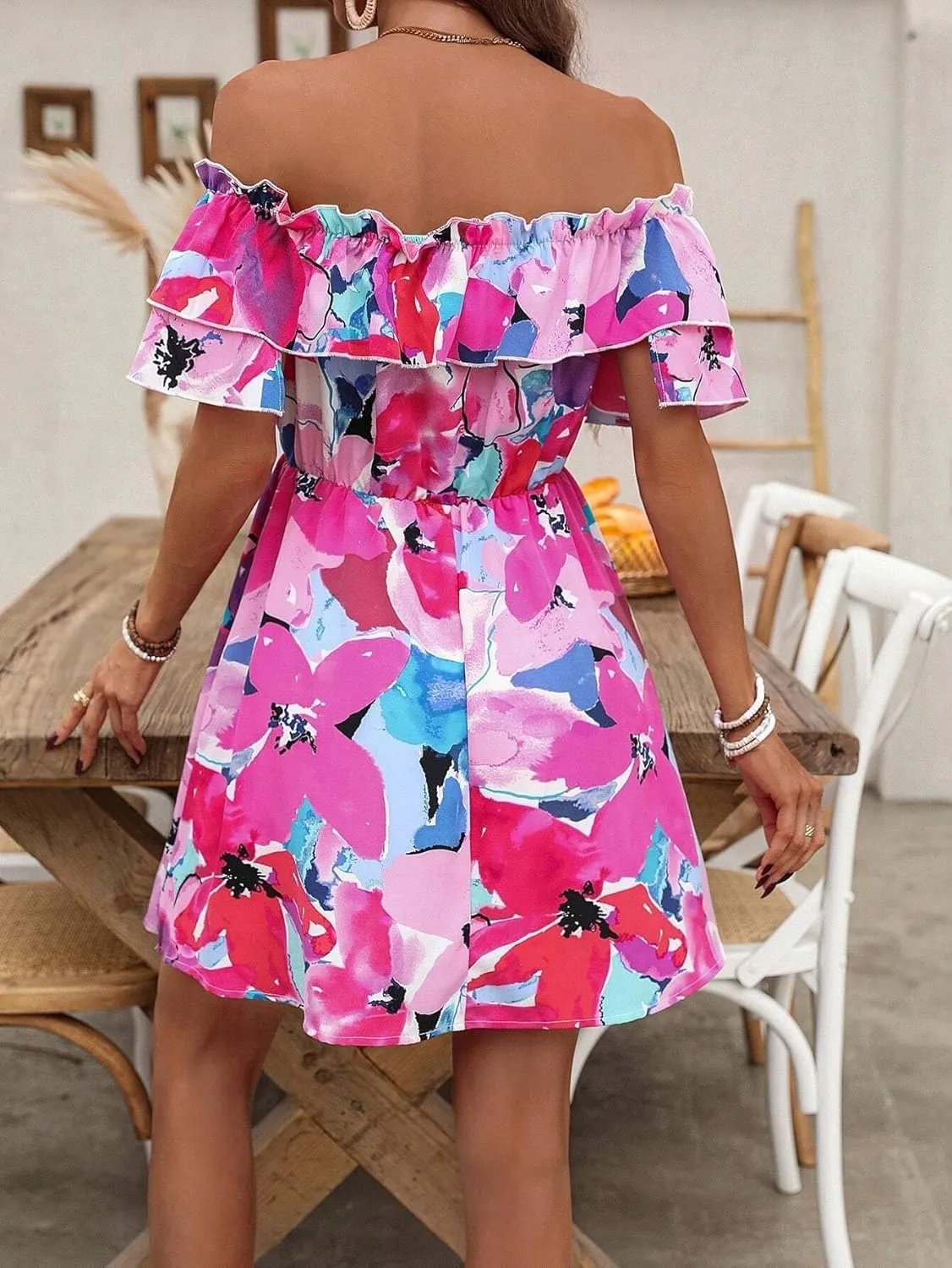 Urchics Summer Dress Vacation Style Tie-Dye Off Shoulder Ruffle Edge Dress with Tied Belt