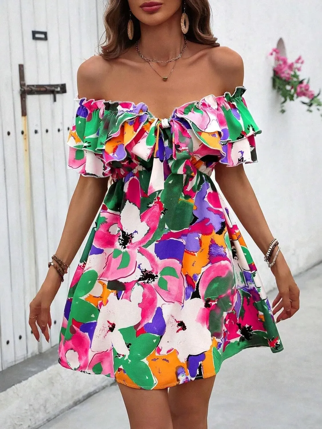 Urchics Summer Dress Vacation Style Tie-Dye Off Shoulder Ruffle Edge Dress with Tied Belt