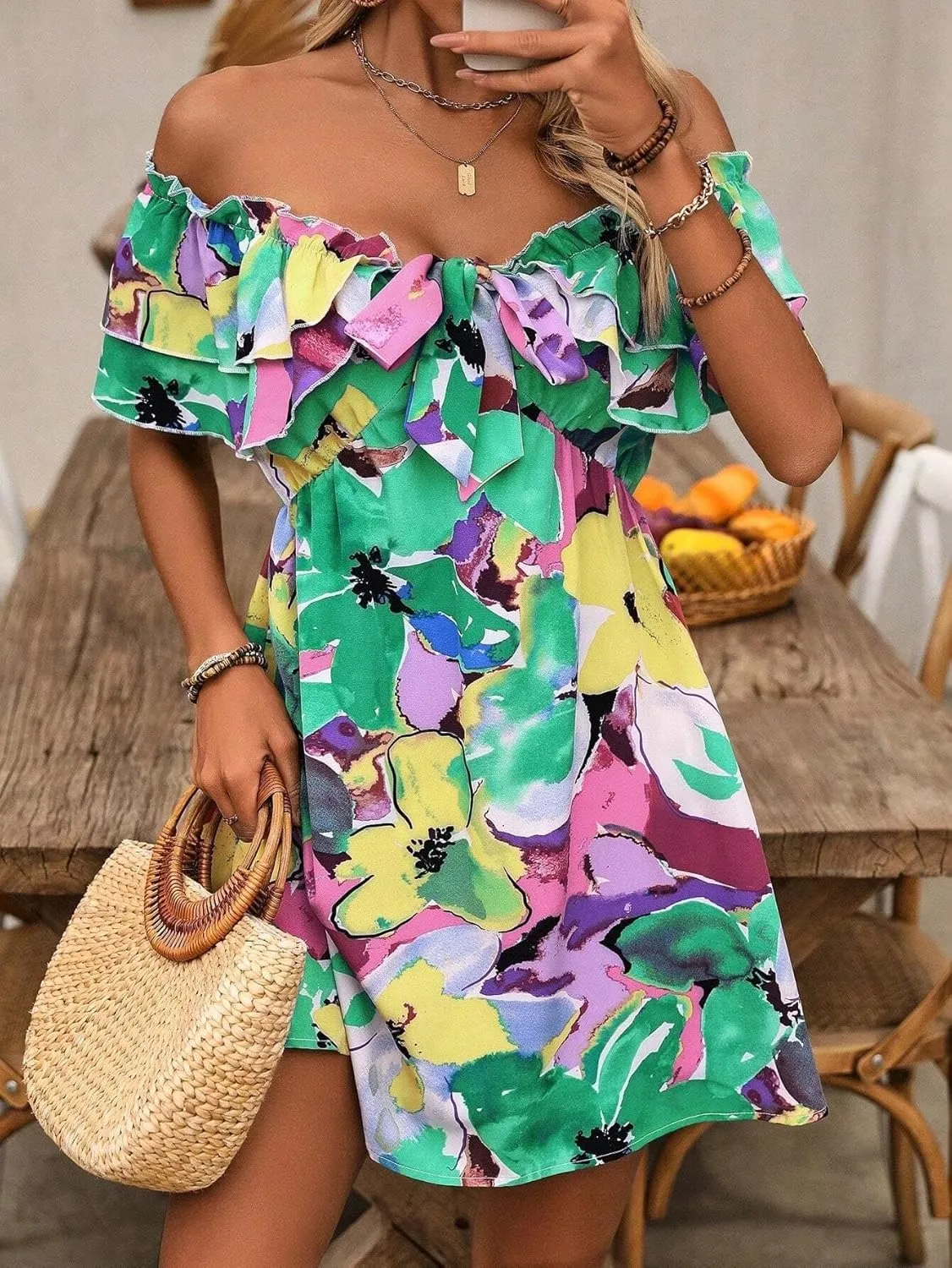 Urchics Summer Dress Vacation Style Tie-Dye Off Shoulder Ruffle Edge Dress with Tied Belt