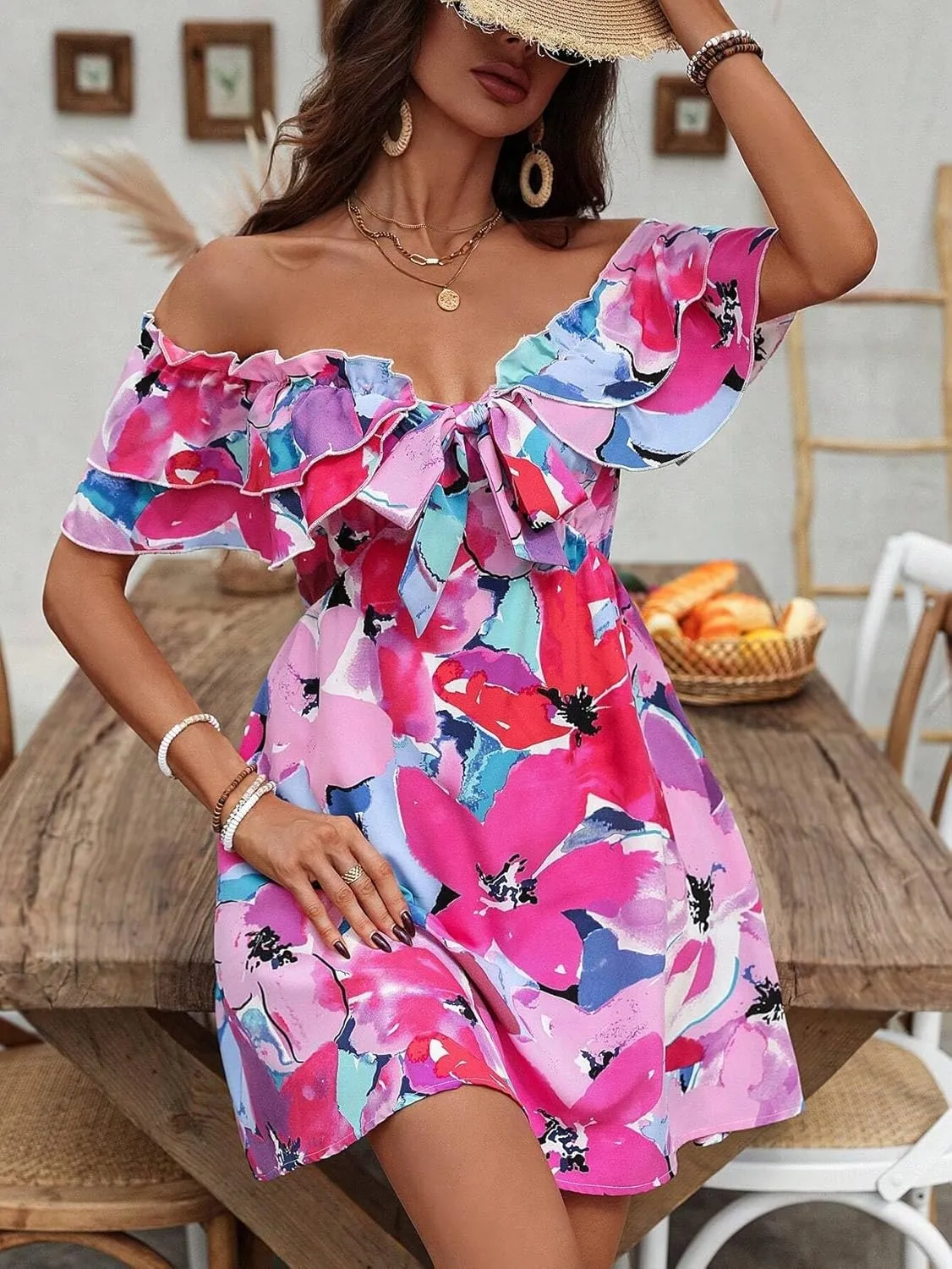 Urchics Summer Dress Vacation Style Tie-Dye Off Shoulder Ruffle Edge Dress with Tied Belt