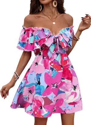 Urchics Summer Dress Vacation Style Tie-Dye Off Shoulder Ruffle Edge Dress with Tied Belt