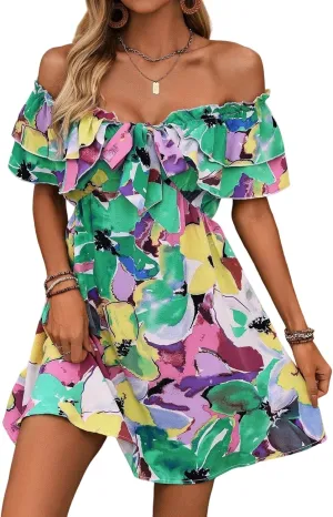 Urchics Summer Dress Vacation Style Tie-Dye Off Shoulder Ruffle Edge Dress with Tied Belt