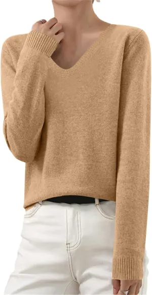 V Neck Sweaters for Women Trendy Baggy Cotton Knitted Comfy Cashmere Sweaters Casual Lightweight Pullover Tunic Tops