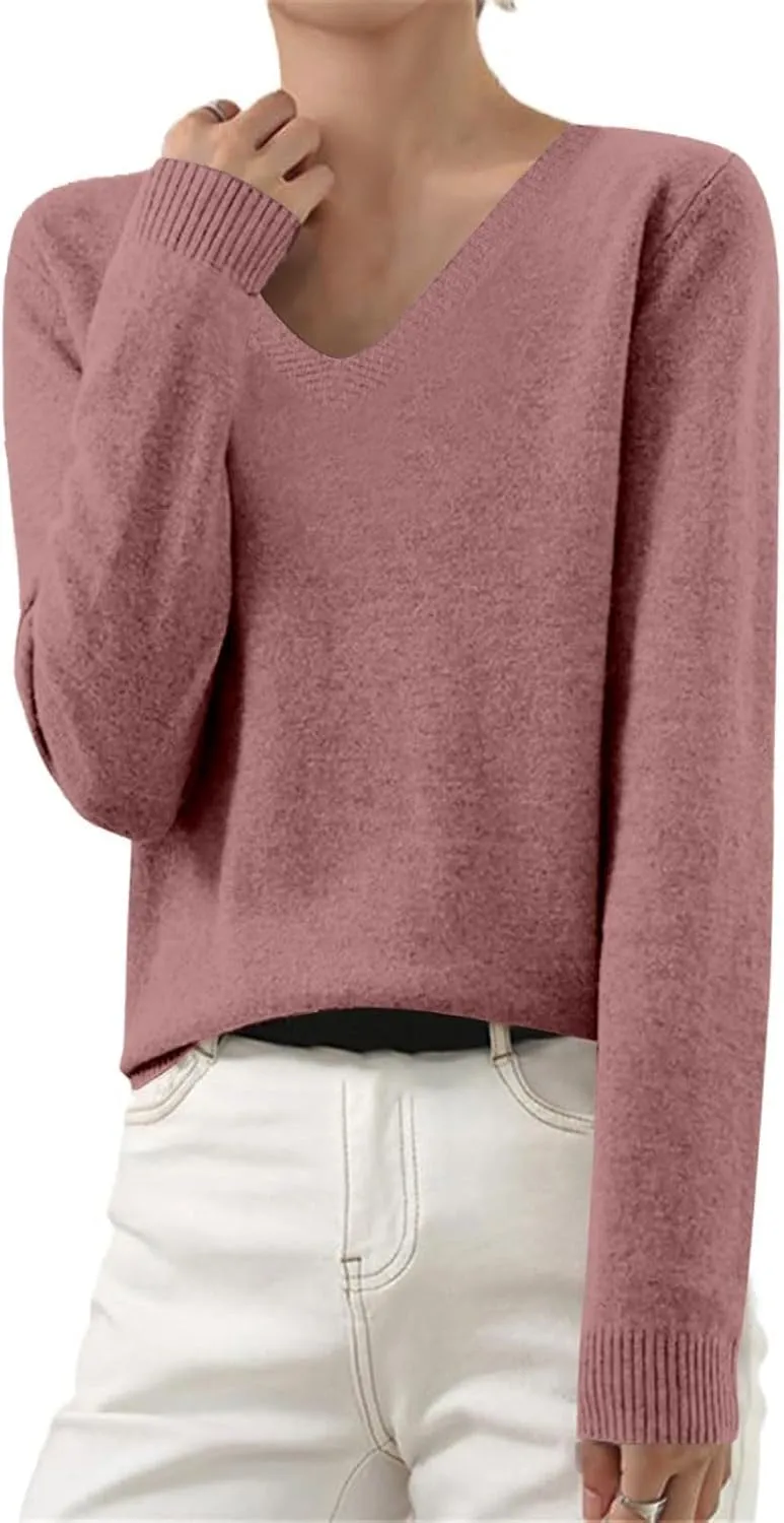 V Neck Sweaters for Women Trendy Baggy Cotton Knitted Comfy Cashmere Sweaters Casual Lightweight Pullover Tunic Tops