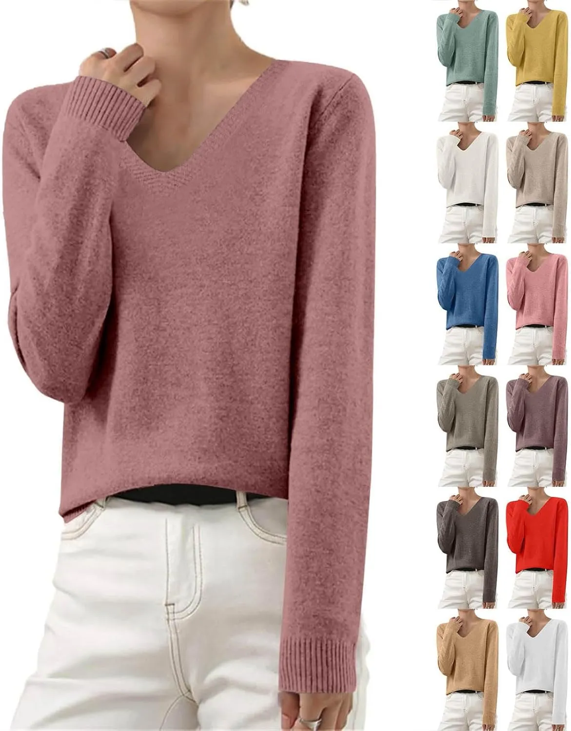 V Neck Sweaters for Women Trendy Baggy Cotton Knitted Comfy Cashmere Sweaters Casual Lightweight Pullover Tunic Tops