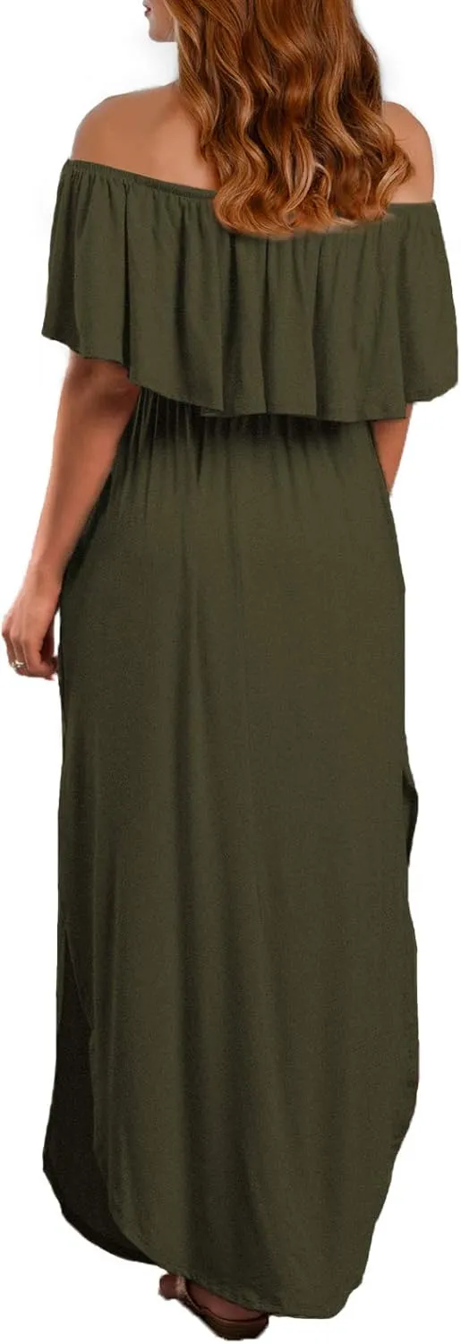 VERABENDI Women's Off Shoulder Summer Casual Long Ruffle Beach Maxi Dress with Pockets