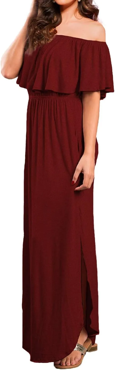 VERABENDI Women's Off Shoulder Summer Casual Long Ruffle Beach Maxi Dress with Pockets